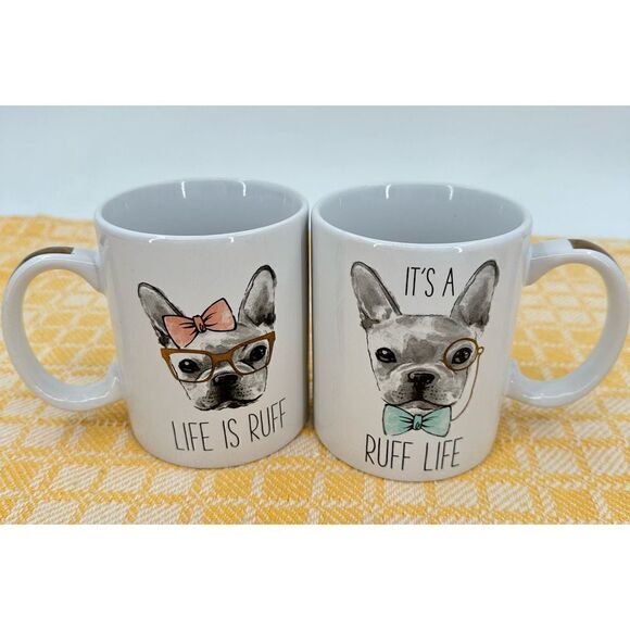 French Bulldog His Hers "Life is Ruff / Ruff Life" Coffee Mugs Valentine's Day - Picture 1 of 8